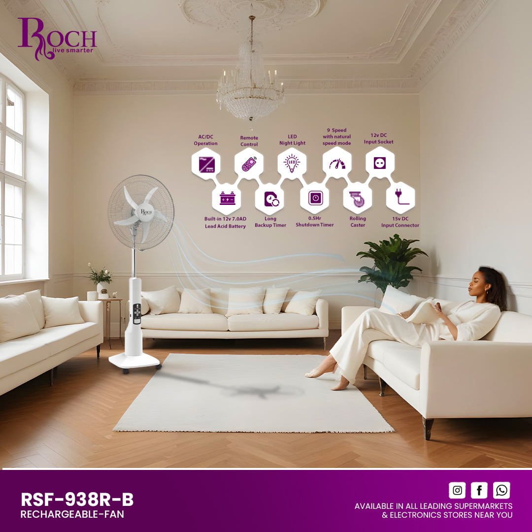 ROCH Rechargeable Stand Fan ref EZ-RSF-938R-B