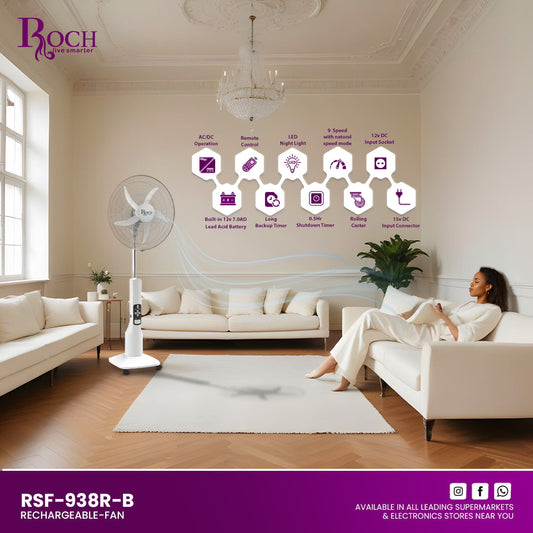 ROCH Rechargeable Stand Fan ref EZ-RSF-938R-B