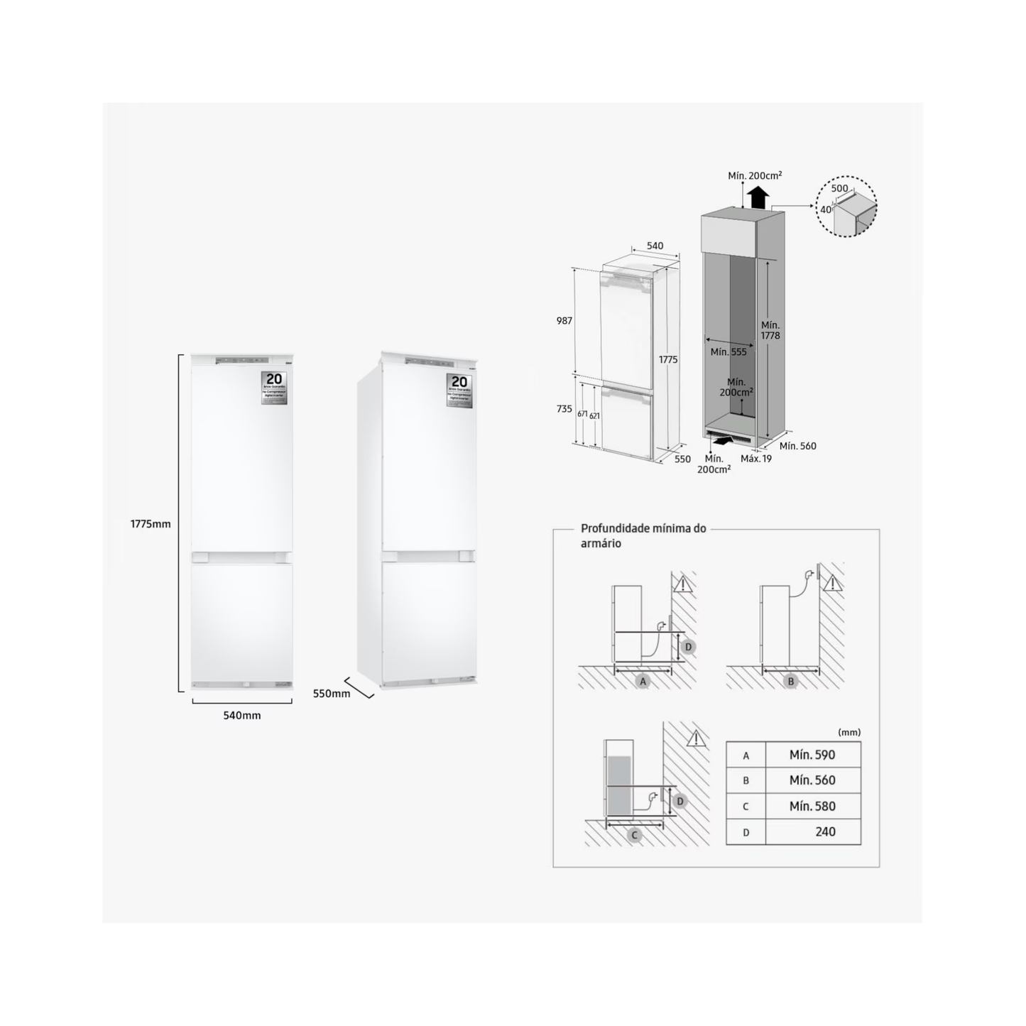 SAMSUNG  SmartThings AI Power Mode Built-in Combined Refrigerator 267L BRB70F26CES0EF | ref T-33950045