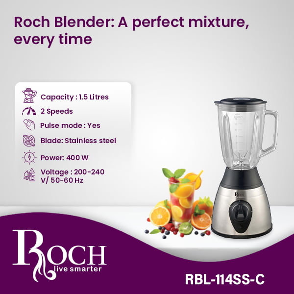 Liquidificador ROCH Gray com Jarra de Vidro 1,5L/400W ref EZ-RBL-114SS-C