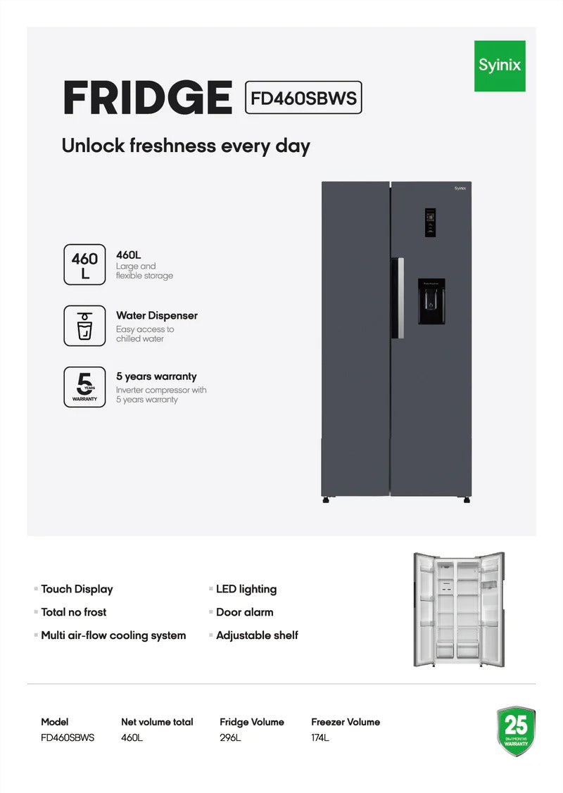 SYINIX Side by Side Refrigerator 460L | SY-FD460SBWS
